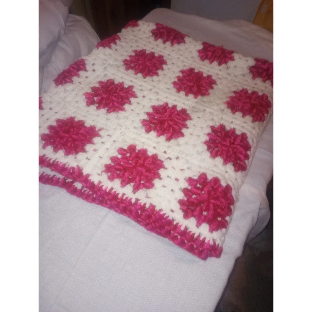 Vtg Granny Square Pink, White Red Crocheted Blanket 50x87in Over 20yrs Old